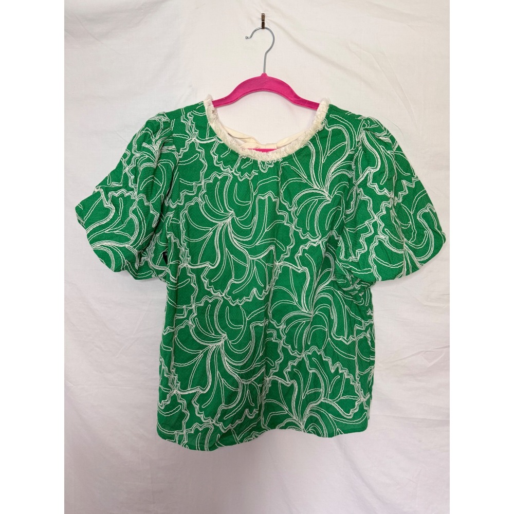 VOY Green Floral Embroidered Puff Sleeve Blouse Frayed Neck Tie Back Large Boho